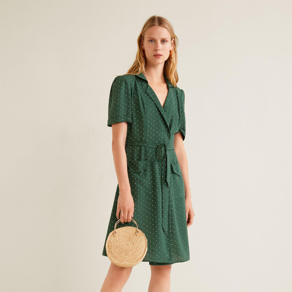 Mango Dresses & Skirts - MNG • Green Polka-Dot Midi Bow Dress